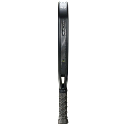 The Bullpadel XPLO 2026 Padel Racket in black is shown from the side, highlighting its slim frame and textured grip—a sleek, professional racket by Bullpadel designed for powerful performance.