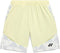 The Yonex 15240YX Knit Men's Padel Shorts in Champagne feature light yellow breathable fabric, an elastic waistband, side pockets, geometric white and gray lower patterns, and a black logo on the right leg—perfect for padel.