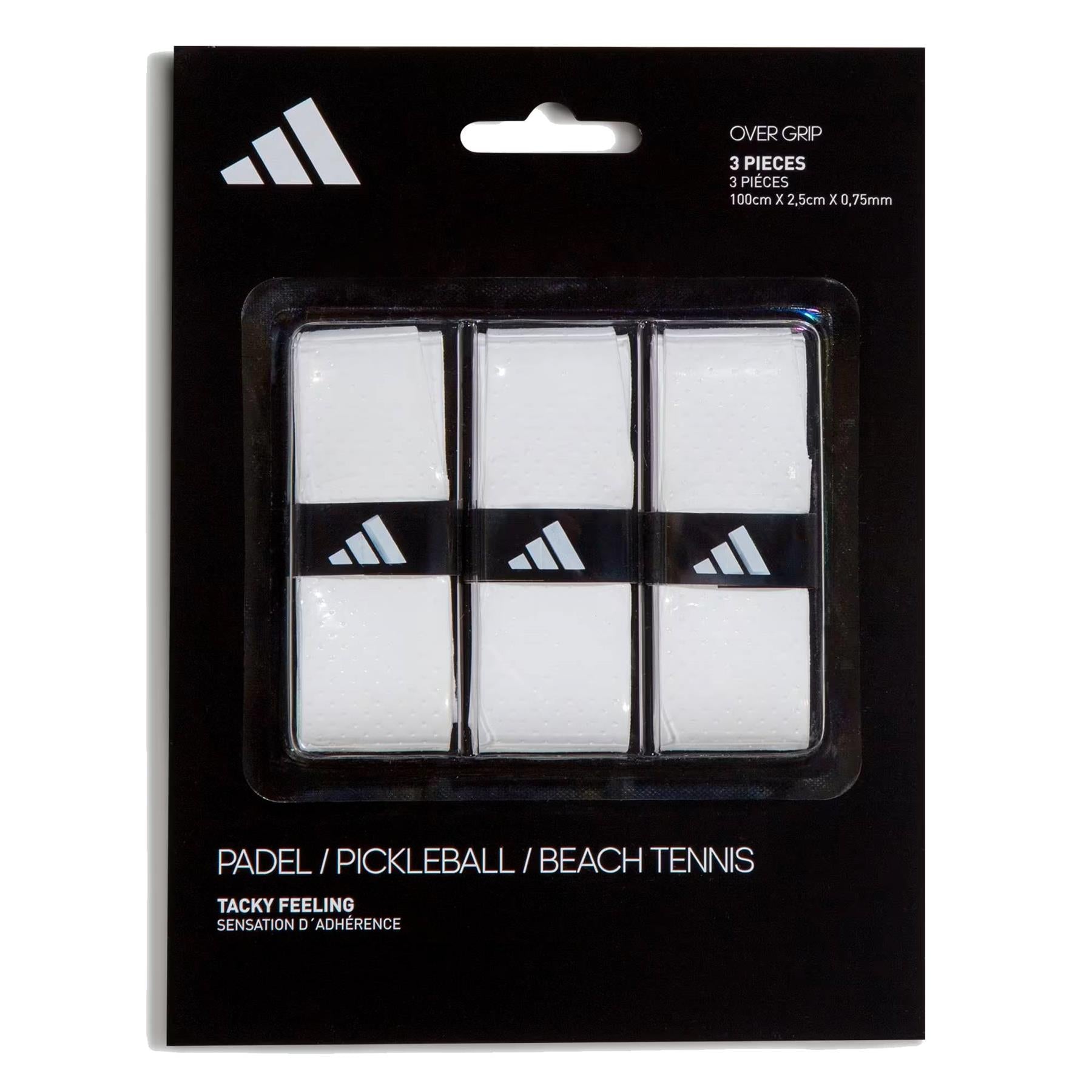 The adidas Padel Overgrips (3 Pack) - White includes three white, tacky grips with triangular logos. Each grip (100cm x 2.5cm x 0.75mm) features micro-perforations for comfort and suits padel, pickleball, and beach tennis.