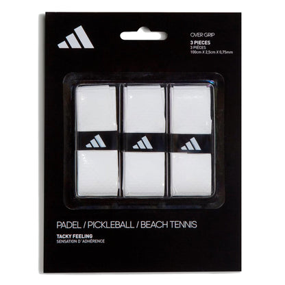 The adidas Padel Overgrips (3 Pack) - White includes three white, tacky grips with triangular logos. Each grip (100cm x 2.5cm x 0.75mm) features micro-perforations for comfort and suits padel, pickleball, and beach tennis.