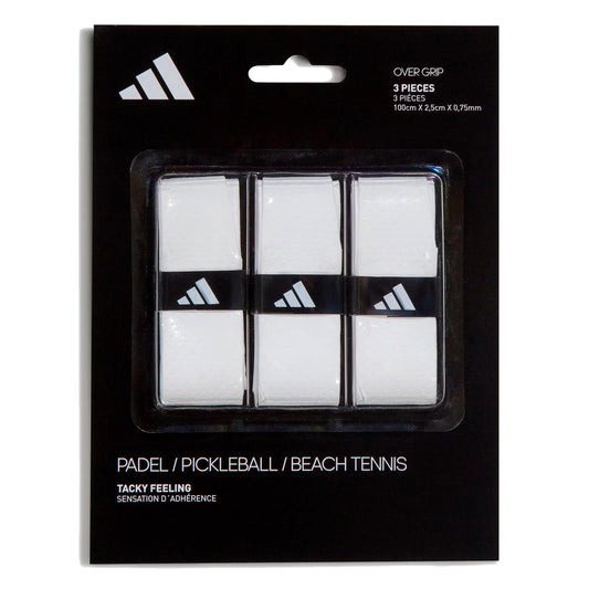 The adidas Padel Overgrips (3 Pack) - White includes three white, tacky grips with triangular logos. Each grip (100cm x 2.5cm x 0.75mm) features micro-perforations for comfort and suits padel, pickleball, and beach tennis.