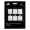 The adidas Padel Overgrips (3 Pack) - White includes three white, tacky grips with triangular logos. Each grip (100cm x 2.5cm x 0.75mm) features micro-perforations for comfort and suits padel, pickleball, and beach tennis.