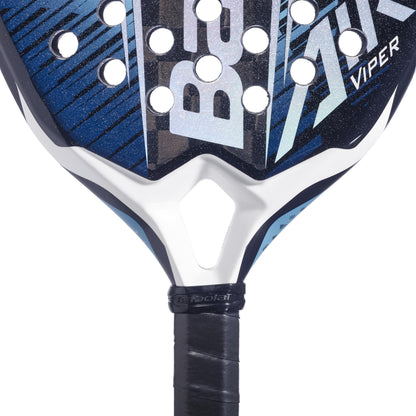 Close-up of the throat and handle of a Babolat Air Viper 2.6 Padel Racket in blue and black, showing the Babolat brand name and round holes on the 16K carbon face.