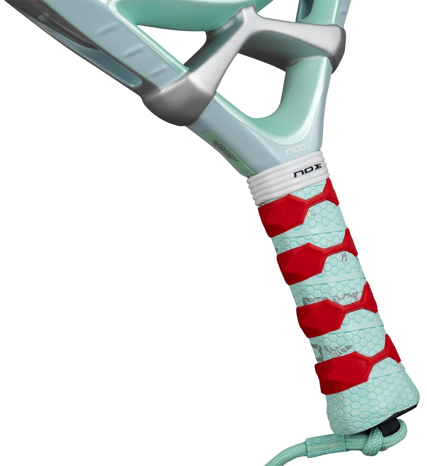 Close-up of the handle and part of the NOX Luxury Ventus 12K Hybrid Lite 2026 Padel Racket - Blue, featuring a turquoise grip with red accents, 12K carbon fibre frame, and a wrist strap at the base.
