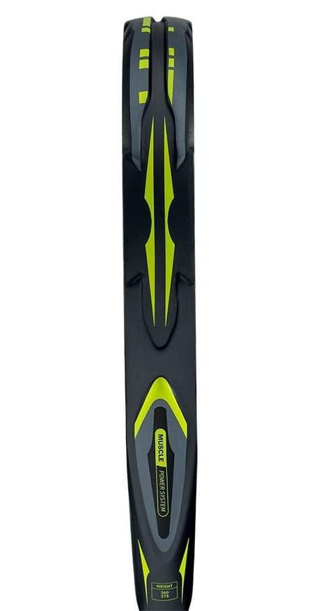 Close-up side view of the adidas Arrow Hit Carbon 2026 Padel Racket, highlighting its slim frame and aerodynamic design in black and neon yellow.