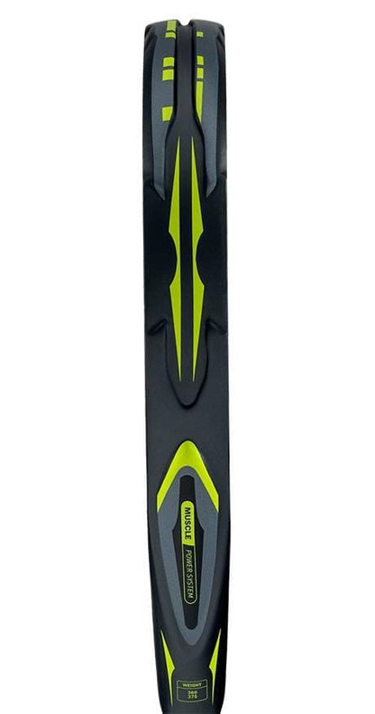 Close-up side view of the adidas Arrow Hit Carbon 2026 Padel Racket, highlighting its slim frame and aerodynamic design in black and neon yellow.