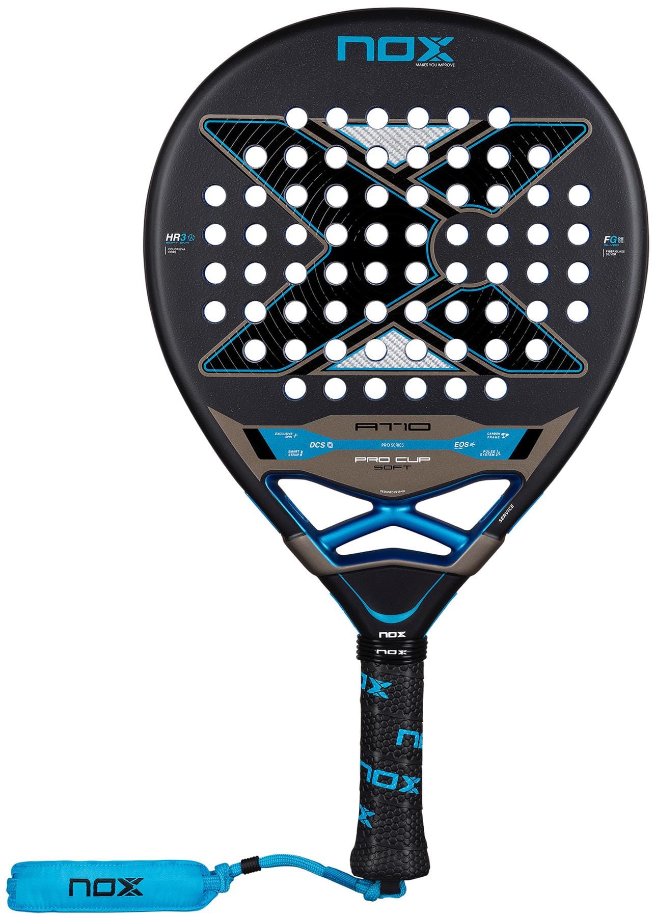 The NOX AT10 Pro Cup Soft By Agustín Tapia 2026 Padel Racket features a black and blue design, perforated face, prominent X center graphic, and a blue padded wrist strap on the handle.