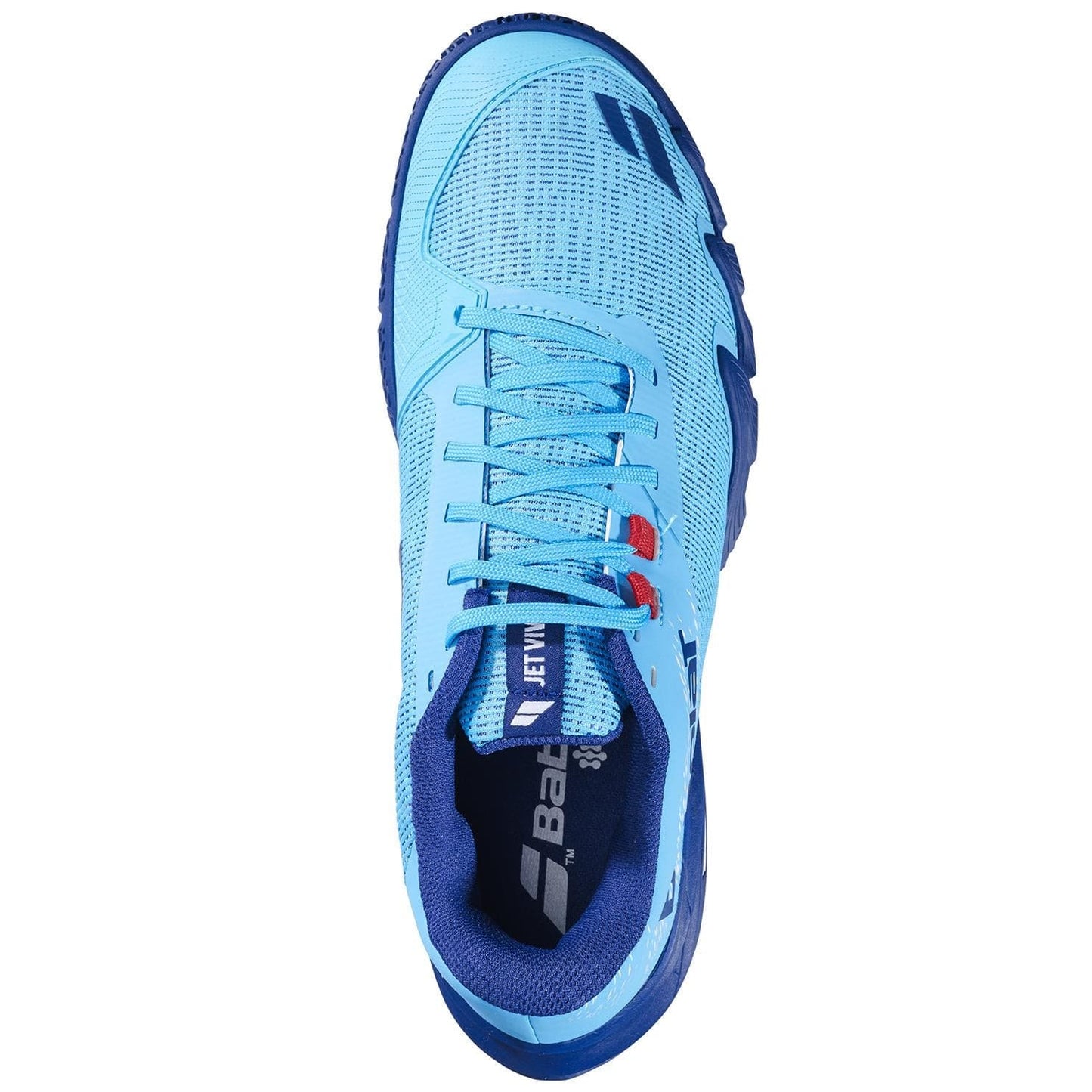 A top view of Babolat Jet Viva Mens Padel Shoes - Scuba Blue shows light blue mesh with dark blue accents, visible laces, and "Babolat" branding—ideal for intermediate padel players wanting comfort and style.