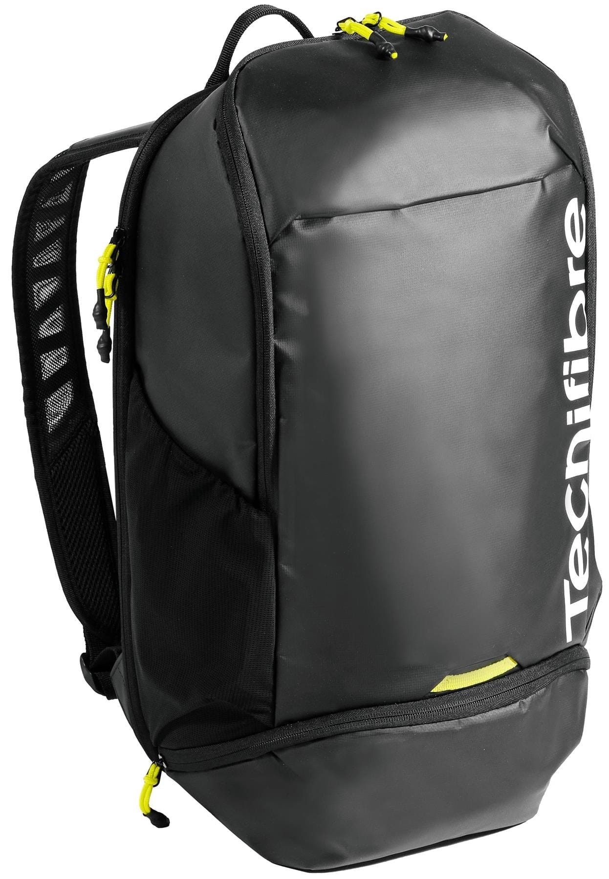 The Tecnifibre Reform Padel Backpack - Black features EVA material, a top handle, padded shoulder straps, side mesh pocket, and the white Tecnifibre logo. Yellow zippers and accents add to its stylish design.