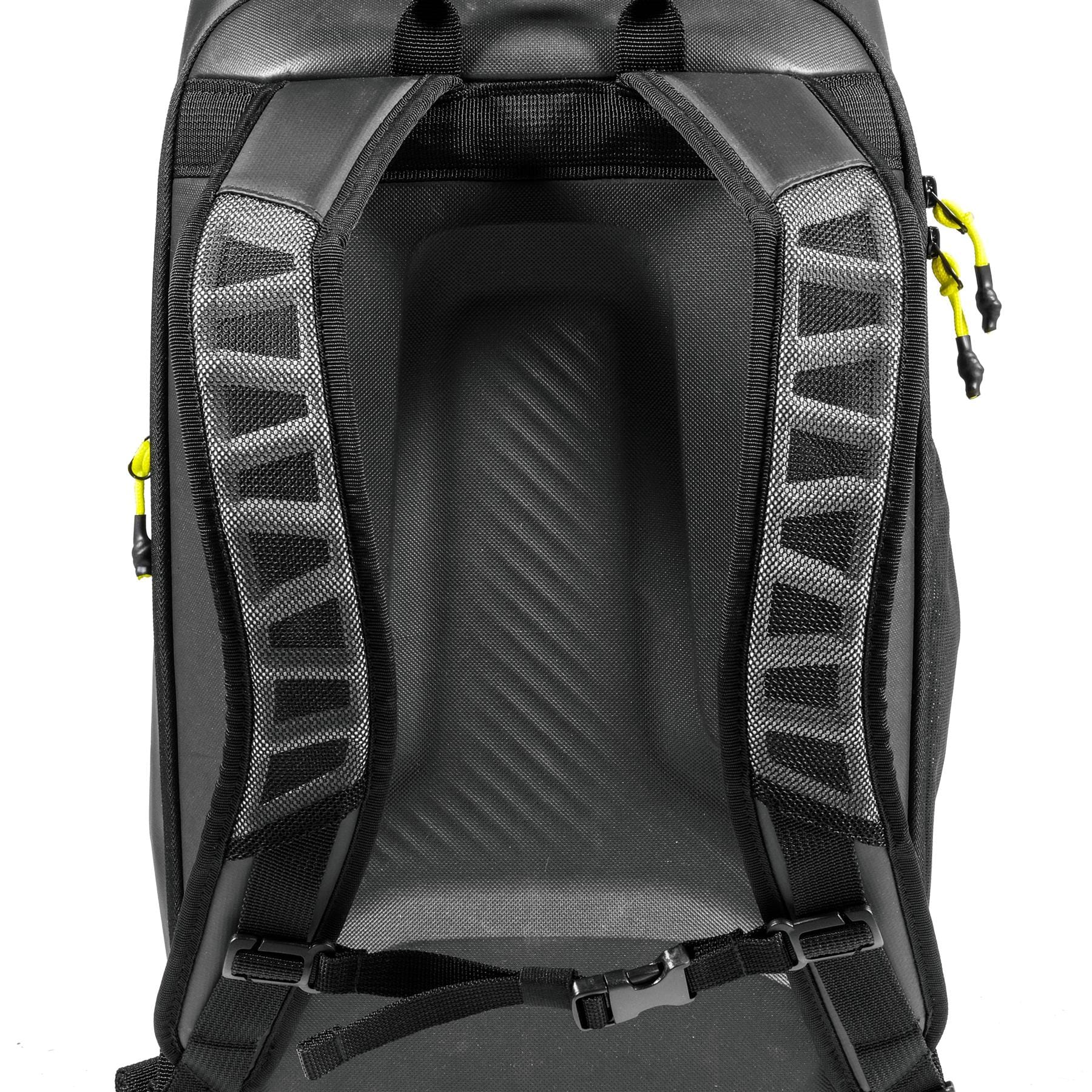 Close-up of the back and shoulder straps on the Tecnifibre Reform Padel Backpack - Black, showing mesh padding, a sternum strap, yellow zipper pulls, and durable EVA material for added comfort.