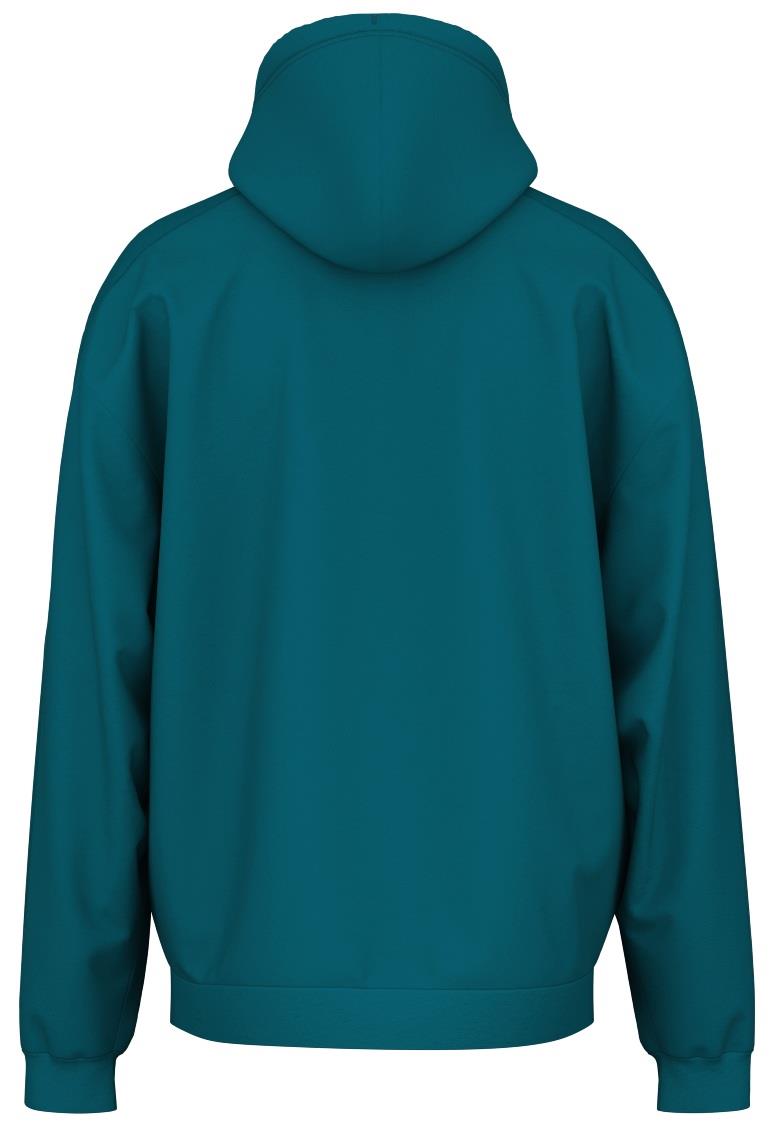 Back view of the teal HEAD Rally Men's Padel Hoodie made from French terry with a hood and long sleeves, exuding a sporty premium look. It is plain without patterns or visible logos.