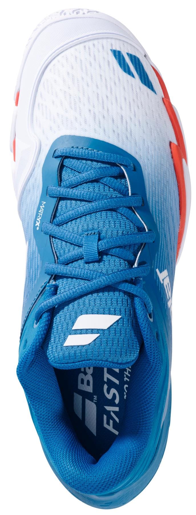 Top view of the Babolat Premura 3 Mens Padel Shoes - Seaport by Babolat in blue and white with orange accents, breathable mesh, blue laces, and white logos—designed for top padel performance on the court.