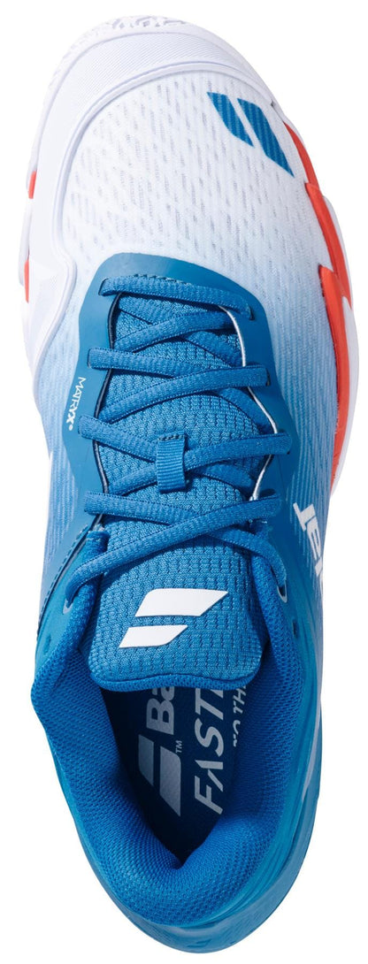 Top view of the Babolat Premura 3 Mens Padel Shoes - Seaport by Babolat in blue and white with orange accents, breathable mesh, blue laces, and white logos—designed for top padel performance on the court.