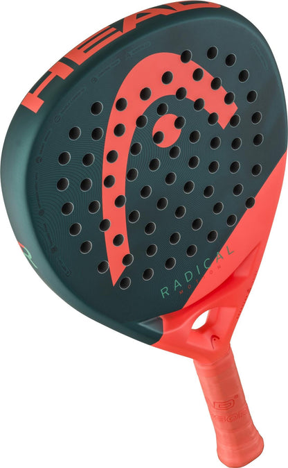 A close-up of the HEAD Radical Motion 2026 Padel Racket, an advanced padel racket by HEAD featuring a green and orange design, visible branding, and a lightweight perforated surface.