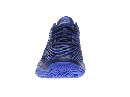 Front view of the K-Swiss Express Light 3 HB Men's Padel Shoes in Dazzling Blue, Estate Blue, and Evening Primrose, showcasing wavy line patterns, a textured sole, and visible laces. These shoes are designed for padel enthusiasts looking for top indoor court performance and feature DuraWrap Flex technology for enhanced durability and flexibility.