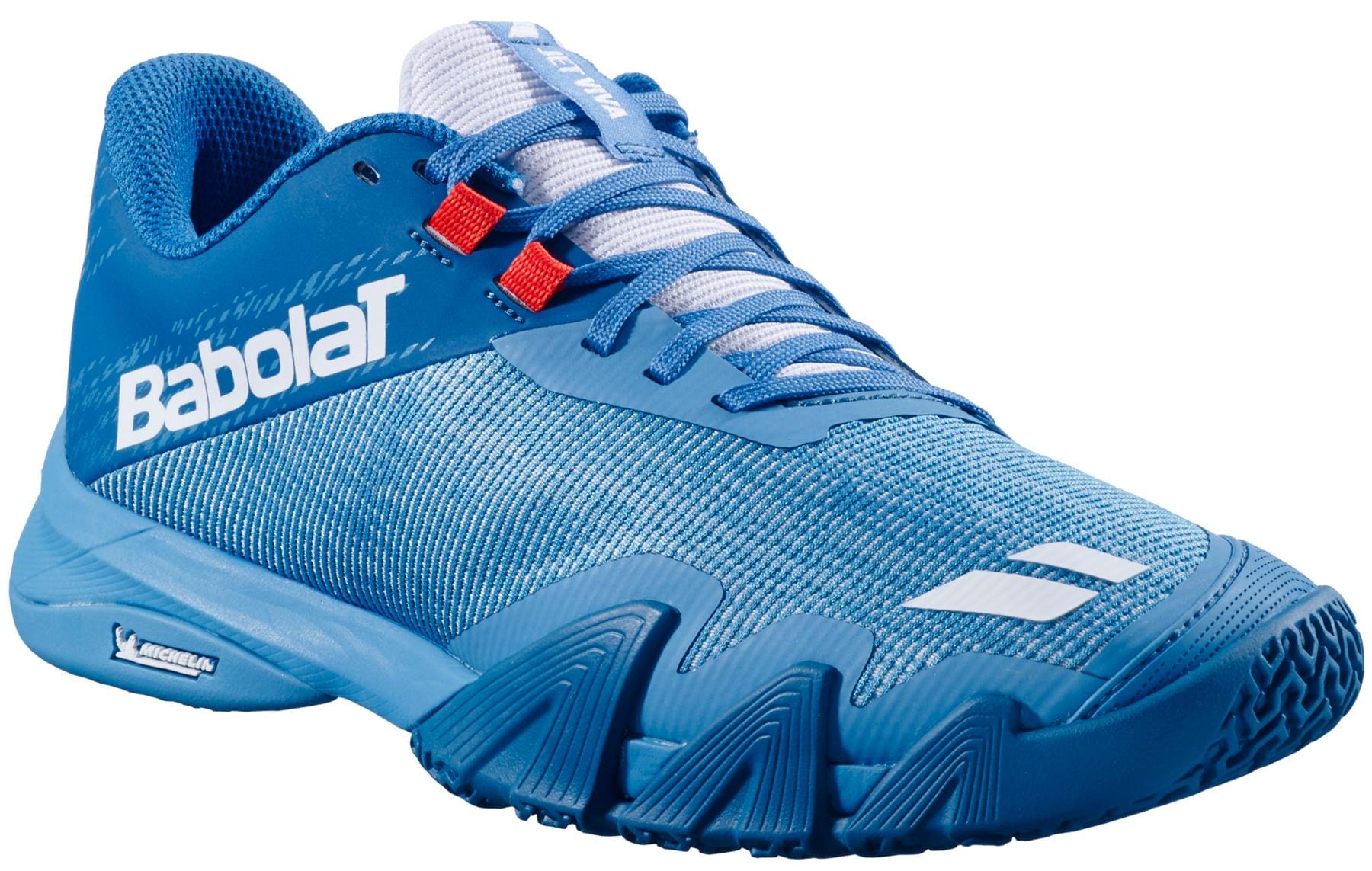 The Babolat Jet Viva Men's Padel Shoes in Blue Moon/Seaport feature white and red accents, a mesh upper for breathability, a textured grip sole, and the Babolat logo on the side and tongue for style on court.