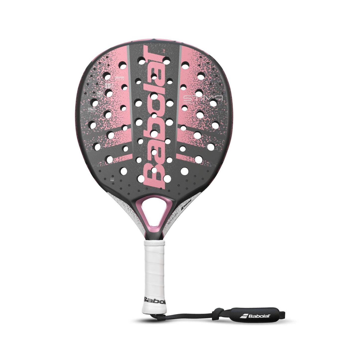 The Babolat Stima Spirit Padel Racket in Black and Coral is designed for maximum maneuverability, featuring a sleek appearance. The name "Babolat" is prominently displayed in white across the face of this lightweight racket, which includes a perforated design and a white handle equipped with a convenient wrist strap.