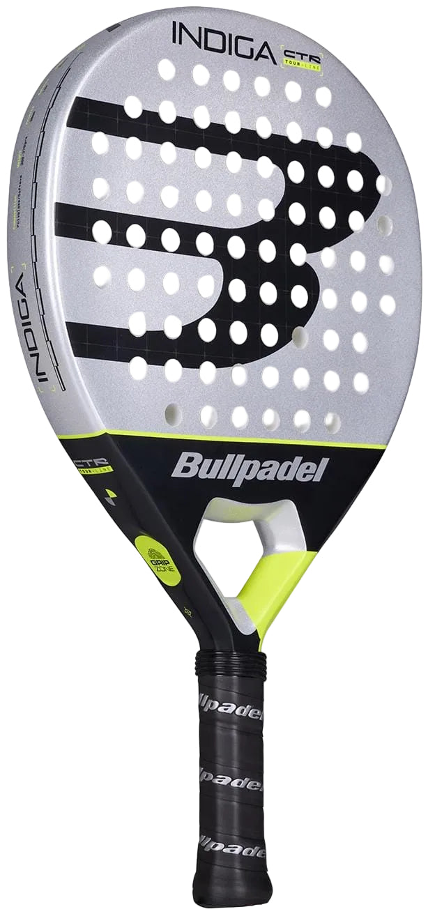 The Bullpadel Indiga Ctr 2026 Padel Racket features a grey face, black logo, round holes, neon yellow accents, and a black handle—perfect for players seeking precise control.