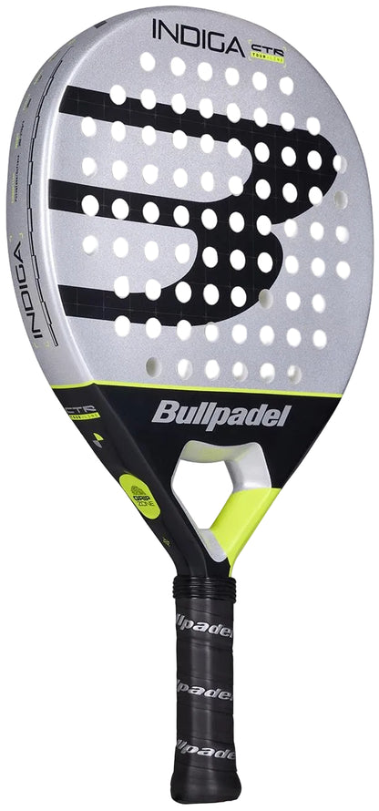 The Bullpadel Indiga Ctr 2026 Padel Racket features a grey face, black logo, round holes, neon yellow accents, and a black handle—perfect for players seeking precise control.
