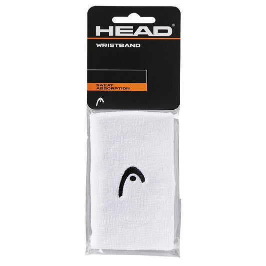 A packaged HEAD 5" Padel Wristband in white featuring the HEAD logo, crafted from a blend of nylon and elasthane, with packaging that emphasizes "SWEAT ABSORPTION.