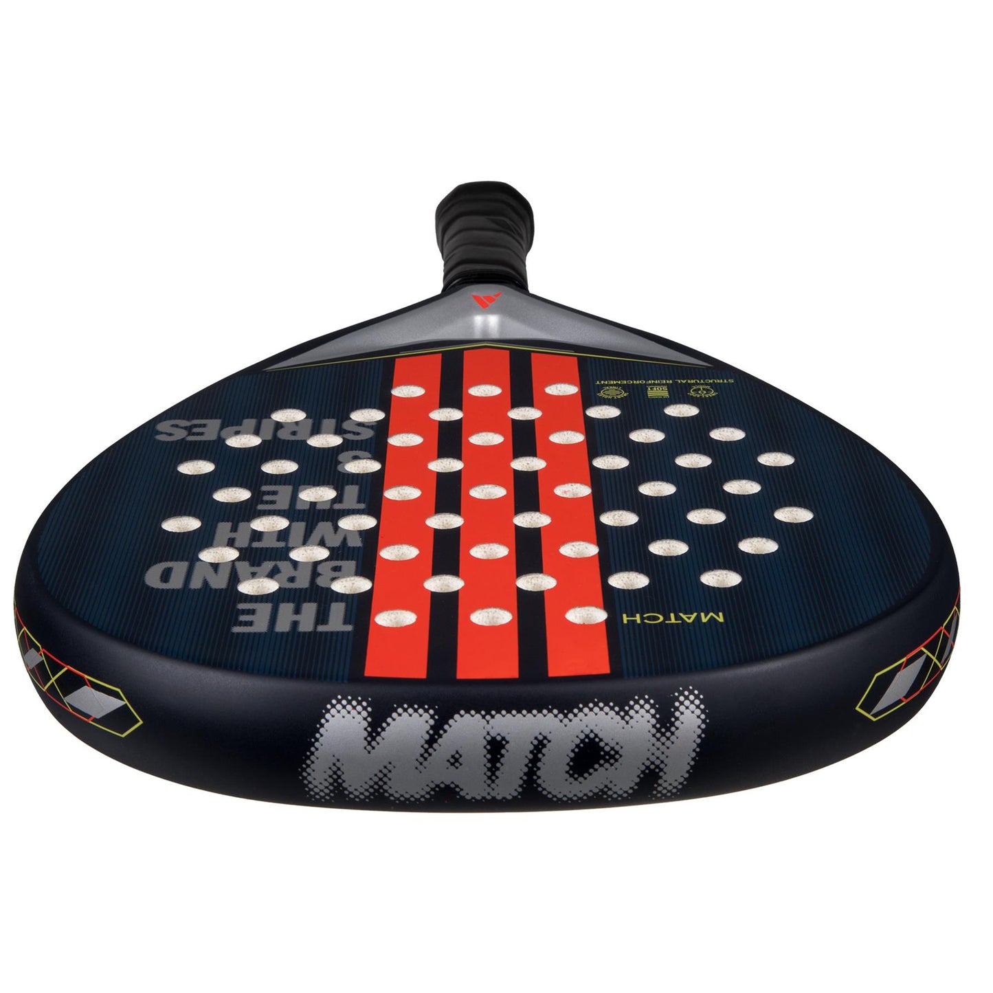 The black and red padel racket with an AllRound head shape features white dot patterns on the face, a black handle with bold "MATCH" in white, and diagonal red stripes. Its striking design is reminiscent of the ADIDAS Match Blue 3.4 Padel Racket - Blue / Clear by adidas.