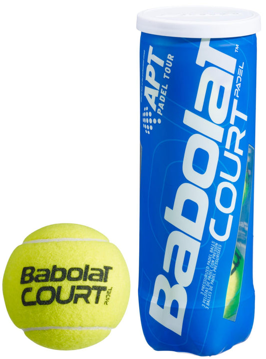 A yellow padel ball from the Babolat Court X3 collection lies next to a stylish, cylindrical blue tube marked with "Babolat Court" in white lettering. The container, featuring the "APT Padel Tour" logo, signifies its adherence to the prestigious standards of the International Padel Federation.