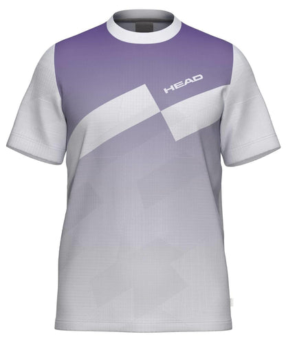 The HEAD Pro Men's Padel T-Shirt - PUXP is a short-sleeve performance shirt with a gradient purple and white geometric design, "HEAD" text on the upper right chest, and breathable fabric—ideal for sportswear.