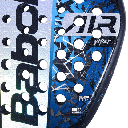 Close-up of the Babolat Air Viper 2.5 Padel Racket in blue, black, and white geometric design, featuring circular holes and "VR AIR" and "VIBRASORB SYSTEM" text. It's perfect for air strikers seeking precision, with the brand name on the left side.