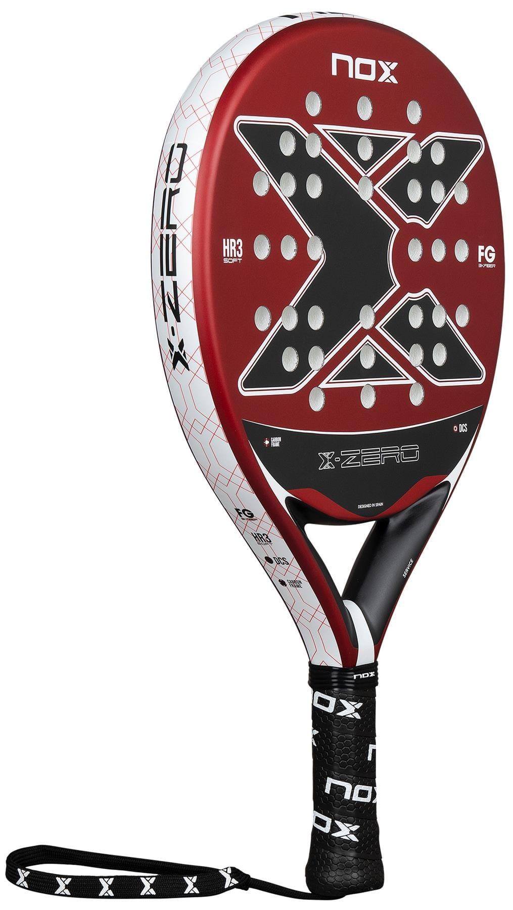 The NOX X-Zero Red Padel Racket has a striking red and black design with a bold “X” on the face, white accents, and a comfortable grip—ideal for beginners seeking control from the trusted NOX brand.
