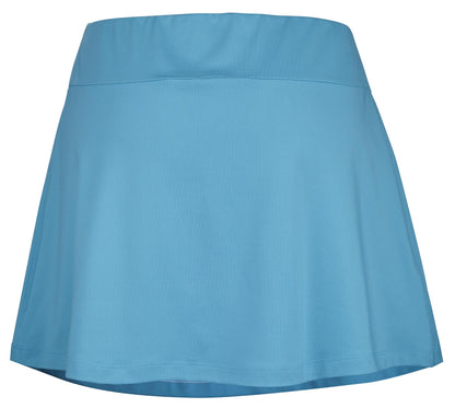 Introducing the Babolat Play Women's Padel Skirt in cyan blue, featuring an A-line cut and wide waistband, crafted from smooth Fiber Dry fabric—a great choice for tennis enthusiasts.