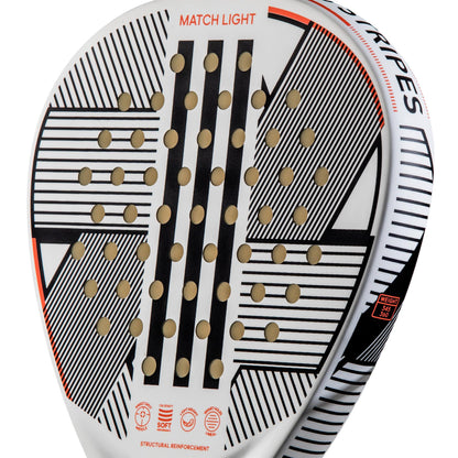 A close-up view of the ADIDAS Match Light 3.3 Padel Racket - White highlights its sleek design, characterized by black and white geometric patterns and circular holes. Its lightweight build makes it ideal for beginner players. The phrase "MATCH LIGHT" is prominently displayed at the top, while adidas branding symbols are clearly visible at the bottom.