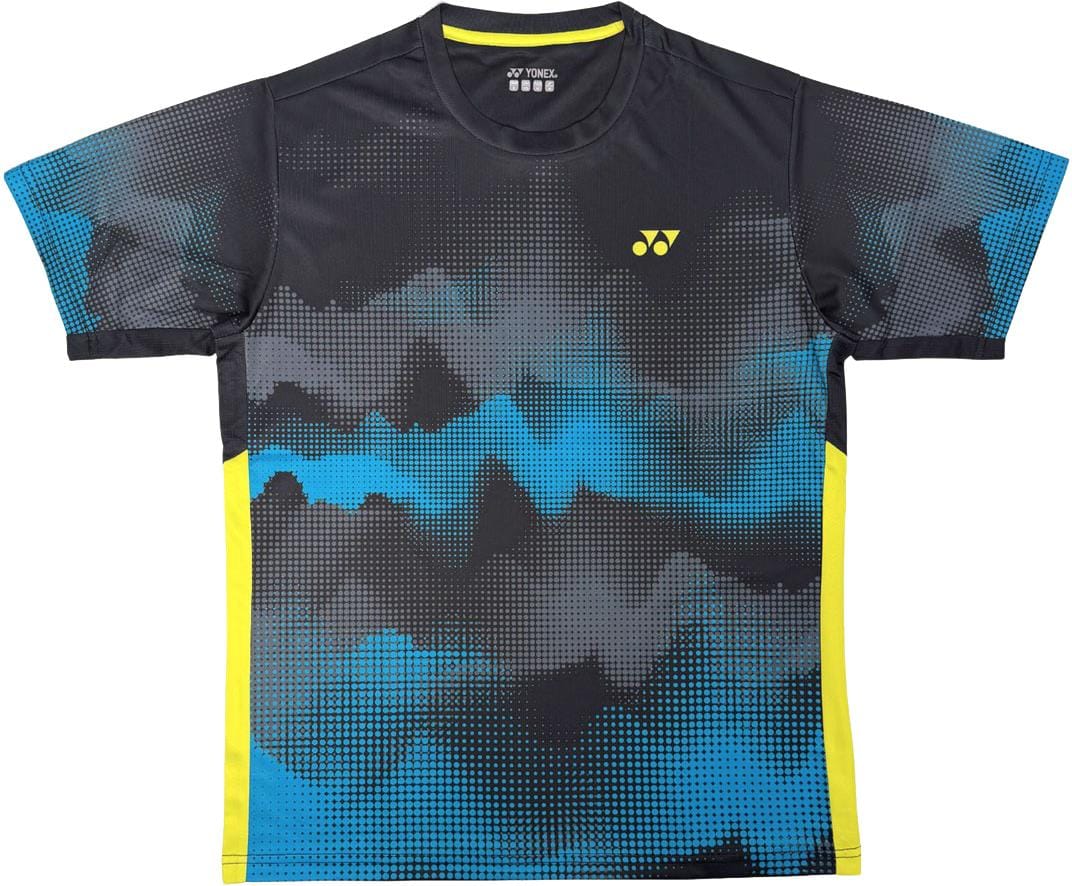 The Yonex YTM2025B Mens Padel T-Shirt - Black by Yonex offers advanced fabric tech, a black, blue, and gray pixelated design with yellow side accents and a small yellow chest logo.