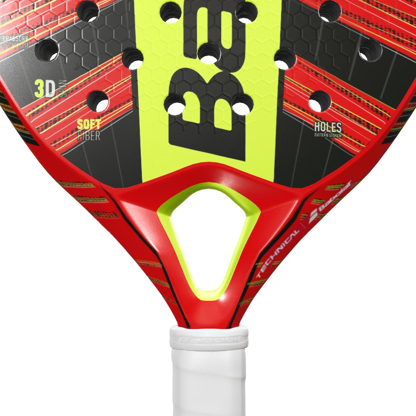 Close-up of the Babolat Technical Vertuo Padel Racket in red with black details, designed for easy power. The racket showcases multiple holes, featuring text such as "3D," "SOFT FIBER," and "HOLES PATTERN SYSTEM." Its handle is wrapped in white grip tape to improve comfort and reduce vibrations.