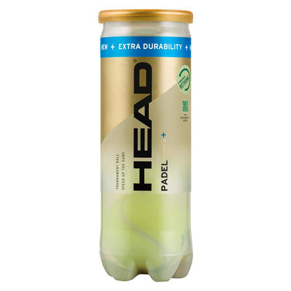 The HEAD Padel Pro S+ Tube contains green padel balls topped with a gold cap and features eco-friendly packaging with an "Extra Durability" label and a sustainability symbol, making them perfect for any tournament ball collection.
