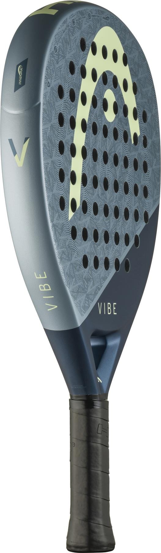 The HEAD Vibe 2026 Blue / Yellow Padel Racket features a fibreglass hitting surface with perforated holes, "VIBE" near the handle, a large yellow logo, and a comfortable black grip.