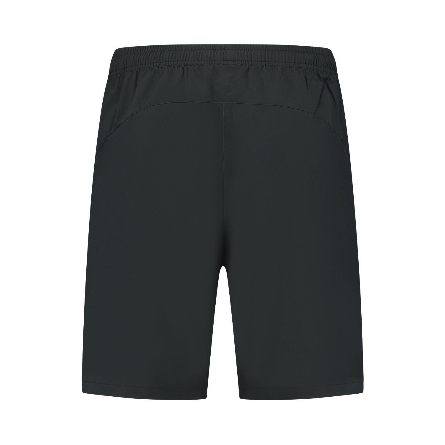 Back view of the plain black K-Swiss Hypercourt 7" Men's Padel Shorts, made from four-way stretch polyester with an elastic waistband. Logo-free and adaptable, they are designed for versatility and simplicity.