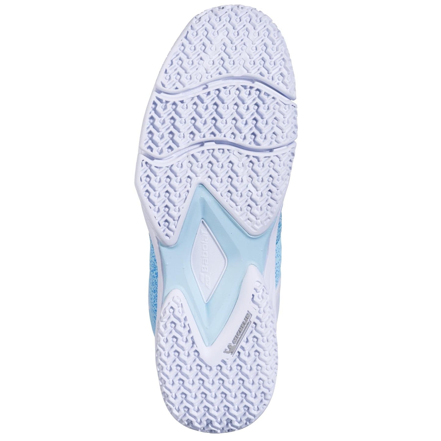 The image shows the sole of Babolat Sensa Womens Padel Shoes in Sky Blue/Tigerlily, featuring a wavy Michelin rubber tread with light blue accents and the Babolat logo and name at the center.