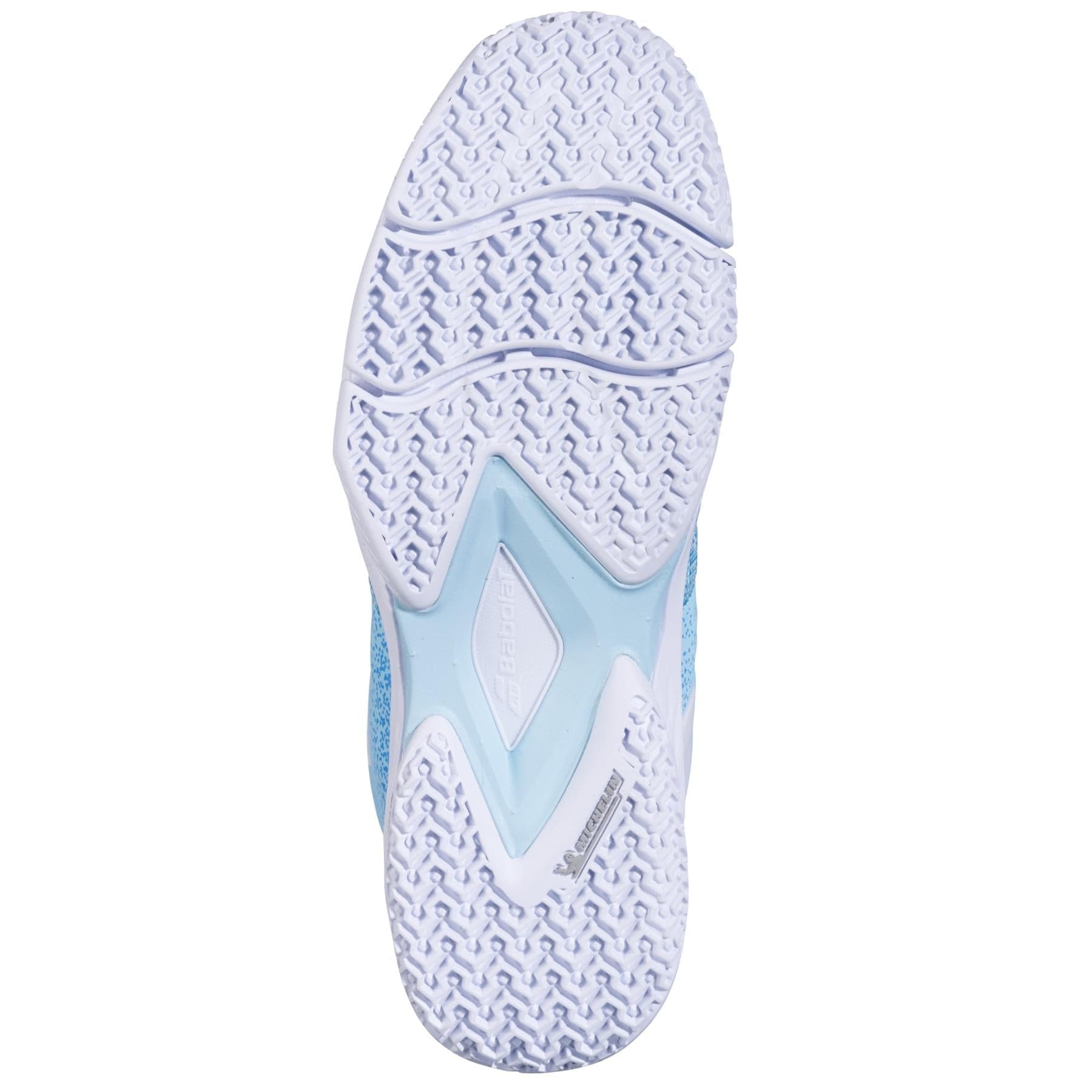 The image shows the sole of Babolat Sensa Womens Padel Shoes in Sky Blue/Tigerlily, featuring a wavy Michelin rubber tread with light blue accents and the Babolat logo and name at the center.