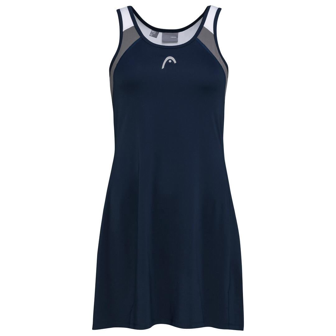 Introducing the HEAD Women's Club 22 Padel Dress in Dark Blue by HEAD, showcasing light gray straps and a subtle logo on the chest. Made with Moisture Transfer Microfibre technology, this sleeveless dress is ideal for sports activities.