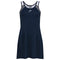 Introducing the HEAD Women's Club 22 Padel Dress in Dark Blue by HEAD, showcasing light gray straps and a subtle logo on the chest. Made with Moisture Transfer Microfibre technology, this sleeveless dress is ideal for sports activities.