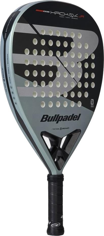 The Bullpadel HACK Junior 2026 Padel Racket features a black and silver angular design, perforated face, black grip, "Hack 03 JR" at the top, “Bullpadel” across the center, and is endorsed by Paquito Navarro.
