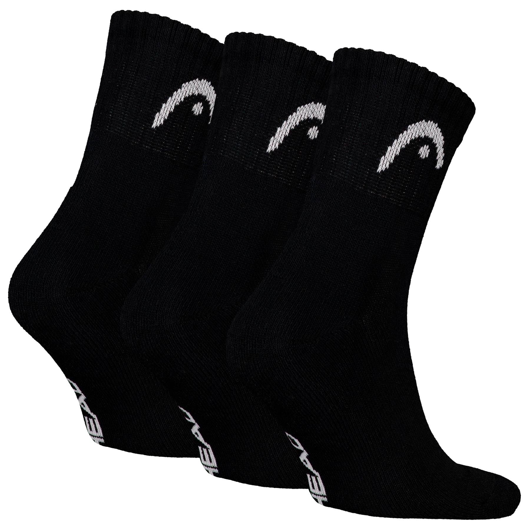 Three pairs of HEAD Club Short Crew Padel Socks - Black (3 Pack) are displayed in a row, featuring a white curved HEAD logo near the top, "HEAD" branding on the toe, and cushioned soles for comfort.