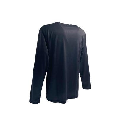 The Yonex YLSS2024 Unisex Padel Long Sleeve T-Shirt in black features a sleek design, displayed at an angle to highlight its moisture-wicking, lightweight fabric. Reflective elements add a stylish touch, making it perfect for both casual and athletic wear.