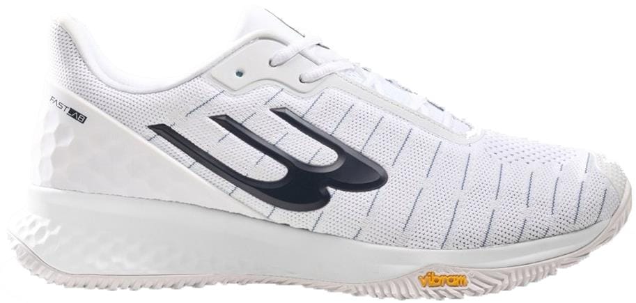 The Bullpadel X-Plo Vibram 26V Men's Padel Shoes in white feature a textured Vibram outsole, black side logo, blue stitching, and a yellow Vibram logo near the toe—ideal for advanced players wanting style and performance.