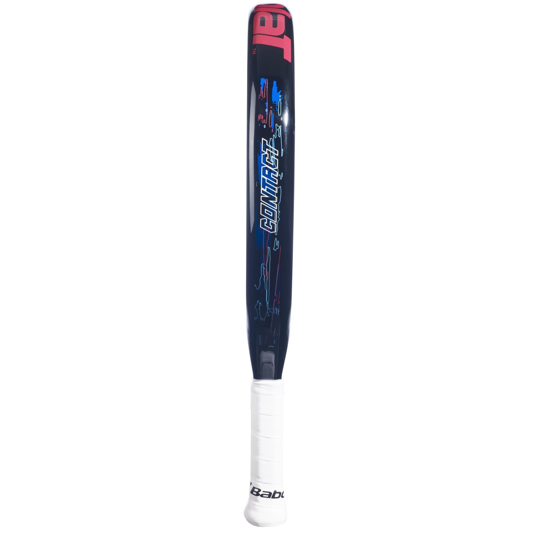 The Babolat Contact Padel Racket in black and blue features a white grip with blue, pink, and red accents. The word "CONTROL" is prominently displayed on the barrel. Designed by Babolat for beginner padel players, this racket guarantees precision. The brand name "Babolat" is prominently showcased on the handle of this stylish bat.