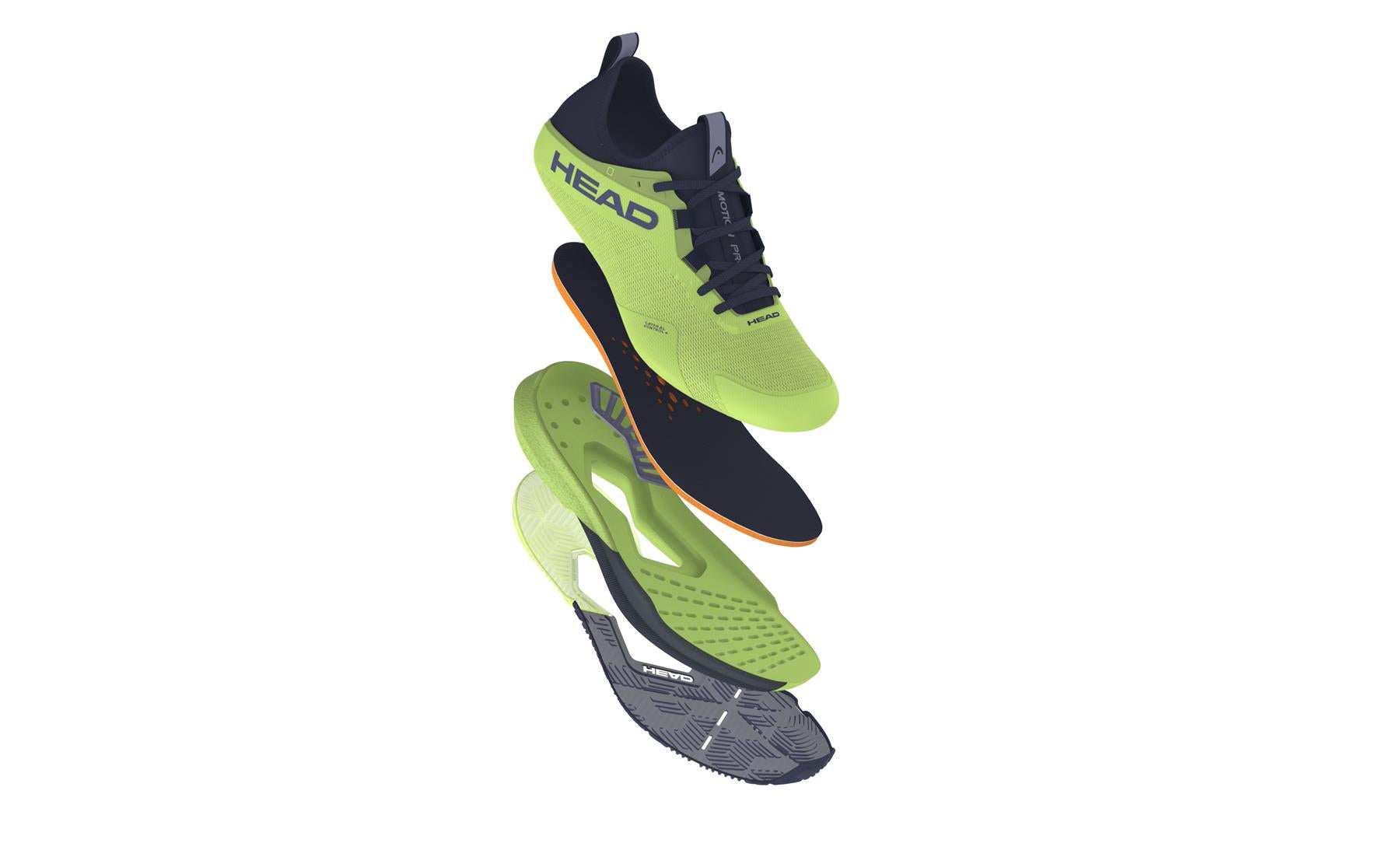 Exploded view of the HEAD Motion Pro Mens Padel Shoes in lime and navy features separated layers: outer sole, midsole, insole, and upper for breathability insights. Branding appears on the side against a white background.
