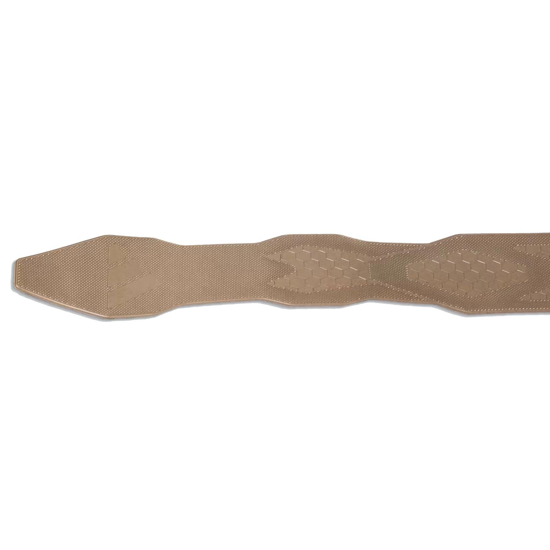 Tan tactical belt with a woven texture and hexagonal grip impressions. It features reinforced stitching, ADIDAS-inspired durability, and an adjustable design for strength. Ideal for securely holding gear, similar to the trustworthiness of the ADIDAS Antishock Padel Racket Protector Tape.