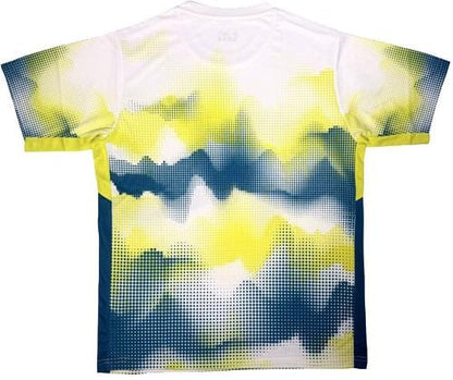 The Yonex YTM2025A Mens Padel T-Shirt in white is a short-sleeved tee featuring a pixelated blue, yellow, and white pattern on performance fabric, with blurred patches on the back for a modern look.