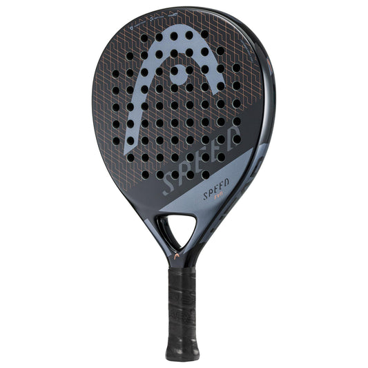 The HEAD Evo Speed 2023 Padel Racket in black boasts a round head design with Innegra technology and a network of holes. The branding "Evo Speed 2023" is clearly visible on the surface, alongside the prominent HEAD logo near the handle. It features a black grip tape, making it ideal for beginners.