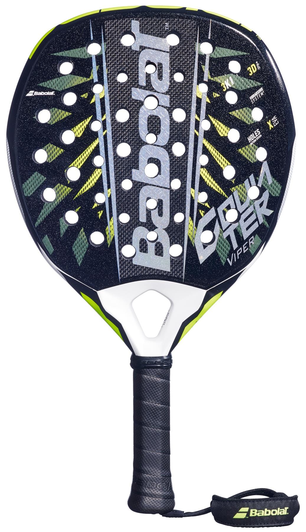 The Babolat Counter Viper 2.6 Padel Racket features a black design with yellow and white accents, 3K carbon texture, perforated face, “Counter Viper” branding, black grip tape on the handle, and an attached wrist strap.